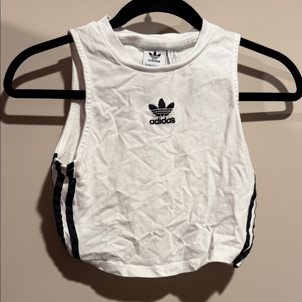 Adidas White Crop Top with Black Stripes